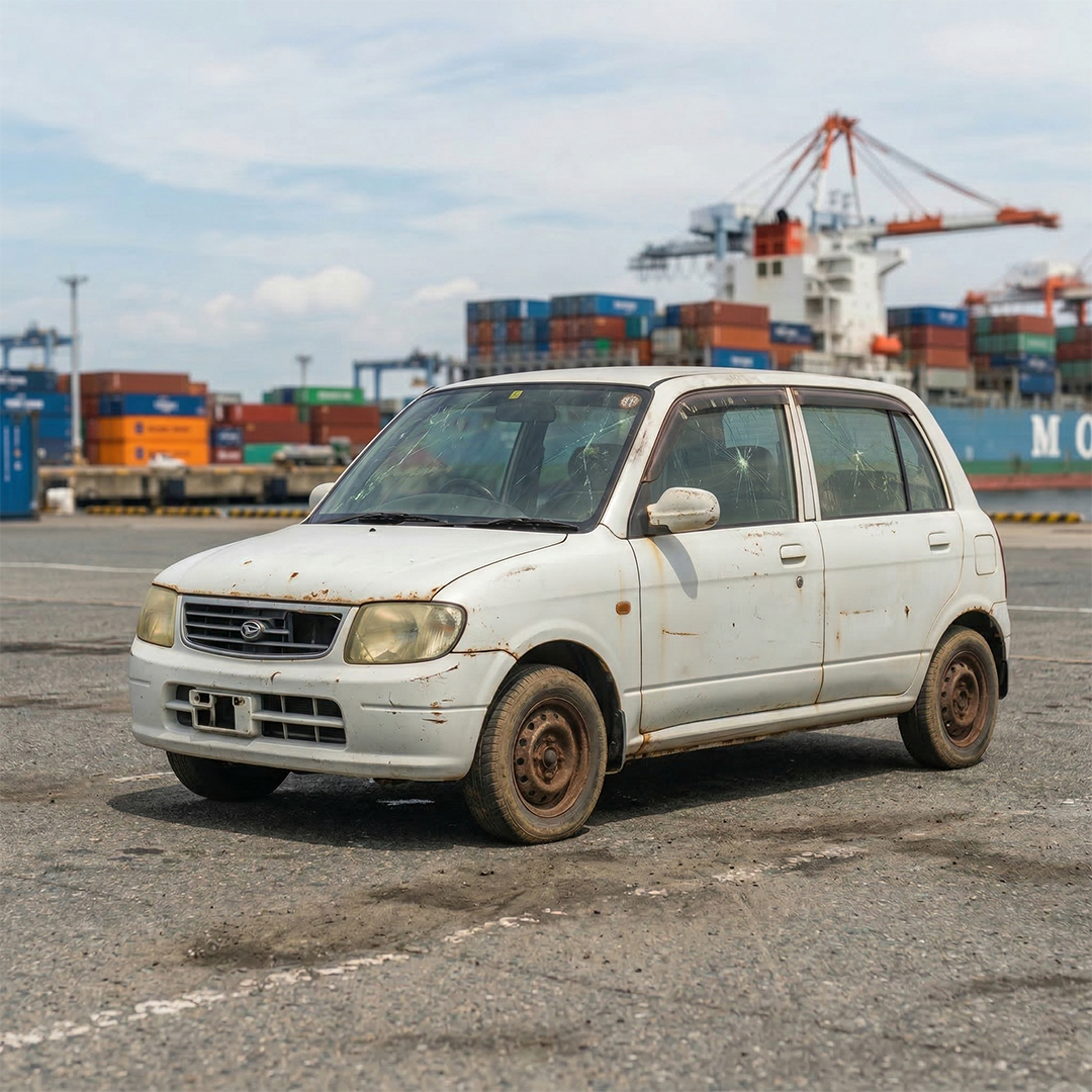 港に停まる古い白い軽自動車